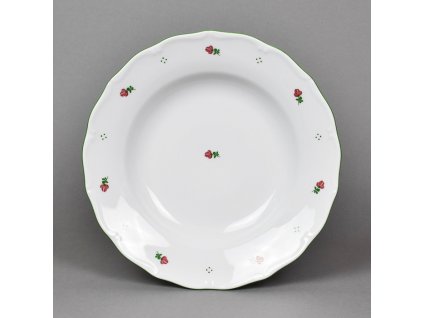 Porcelánový talíř hluboký s červenou kytičkou a zelenou linkou - 24 cm