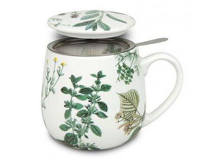 KP - Porcelánový hrnek buclák se sítkem My favourite tea herbs - bylinky - 420 ml