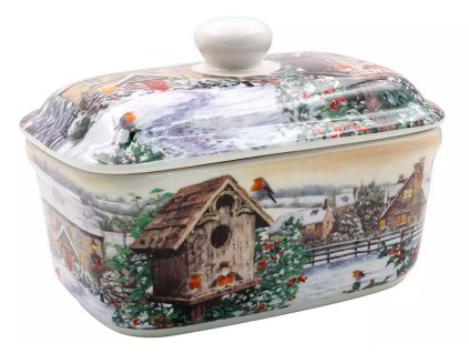 Porcelánová máslenka Ptáčci u budky v zimě na 250 g máslo