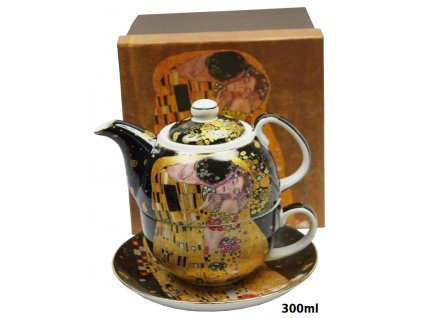 Porcelánový šálek s konvičkou a podšálkem v dárkové krabičce G. Klimt, Polibek na tmavém podkladu- 300 ml