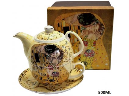 Porcelánový šálek s konvičkou a podšálkem v dárkové krabičce G. Klimt, Polibek - 500 ml