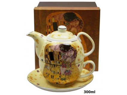 Porcelánový šálek s konvičkou a podšálkem v dárkové krabičce G. Klimt, Polibek - 300 ml