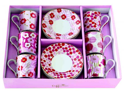 Easy Life - Porcelánové šálky a podšálky na kávu Flower Power Pink v dárkovém balení 6 ks - 100 ml