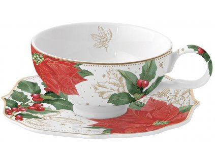 Easy Life - Porcelánový šálek a podšálek Poinsettia & Berries, vánoční hvězda na čaj - 250 ml