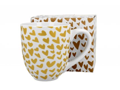 DG - Porcelánový hrnek jumbo XXL GOLD HEARTS, zlatá Srdíčka v dárkové krabičce - 1 litr