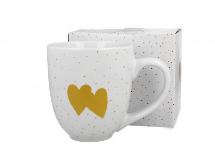 DG - Porcelánový hrnek jumbo XXL Gold HEARTS, 2 zlatá srdce v dárkové krabičce - 1 litr