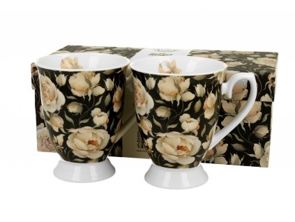 DG - Porcelánové hrnky na stopce ENGLISH ROSES BLACK v dárkové krabičce 2 ks - 300 ml