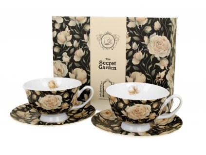 DG - Porcelánové šálky s podšálky ENGLISH ROSES BLACK v dárkové krabičce 2 ks - 250 ml