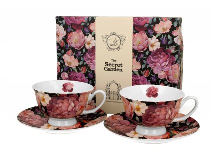 DG - Porcelánové šálky s podšálky SPRING ROSES BLACK v dárkové krabičce 2 ks - 250 ml