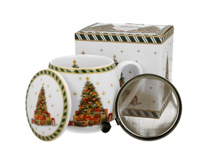 DG - Vánoční porcelánový hrnek barylka CHRISTMAS TREE se sítkem a víčkem v dárkové krabičce - 430 ml