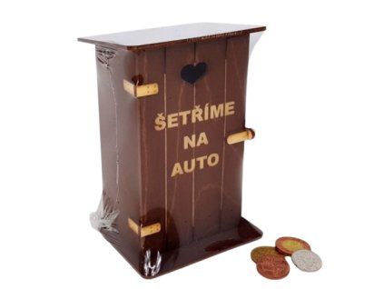 Pokladna kadibudka dřevěná tmavá s nápisem Šetříme na auto - 11 x 9 x 17 cm