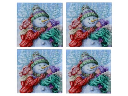 Carmani - Skleněné prostírání pod hrnečky, vánoční dekor Sněhulák 4 ks - 10,5*10,5 cm