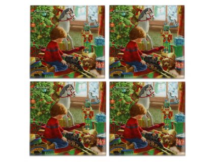 Carmani - Skleněné prostírání pod hrníčky, vánoční dekor chlapeček s mašinkou pod stromečkem 4 ks - 10,5*10,5 cm