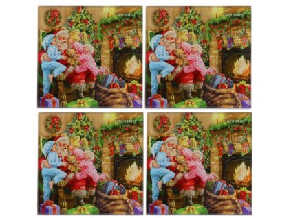 Carmani - Skleněné prostírání pod hrnečky, Santa s dětmi 4 ks  - 10,5*10,5 cm