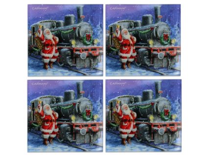 Carmani - Skleněné prostírání pod hrnečky, Santa s vánoční lokomotivou 4 ks - 10,5*10,5 cm