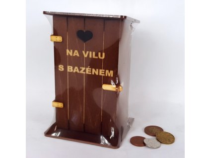 Pokladna kadibudka dřevěná tmavá s nápisem - Na vilu s bazénem