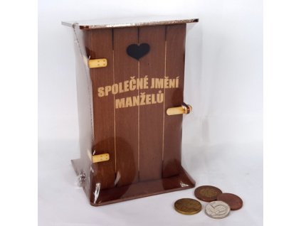 Pokladna kadibudka dřevěná tmavá s nápisem - Společné jmění manželů