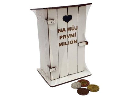 Pokladna kadibudka dřevěná bílá s nápisem Na můj první milion - 11 x 9 x 17 cm