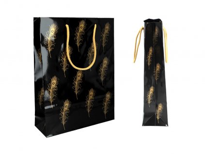Ozdobná dárková taška - černá se zlatými pavími pery - 32x24x8 cm