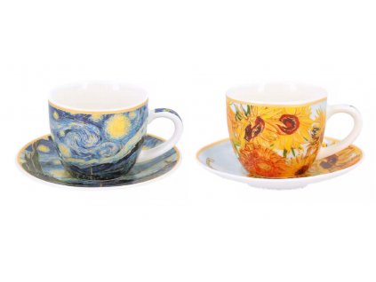 Carmani - Porcelánové šálky s podšálky na espresso V. Van Gogh Hvězdná noc, Slunečnice 2 ks- 100 ml