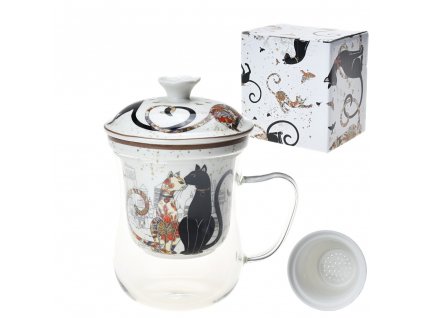 Hrnek 400 ml skleněný s porcelánovým sítkem a víčkem "Cats in Paris"