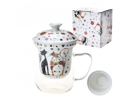 Hrnek 400 ml skleněný s porcelánovým sítkem a víčkem "Cats in love"