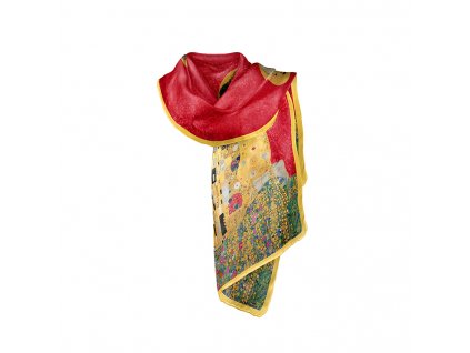 Plu - Hedvábná šála G. Klimt, The Kiss červený podklad - 160 x 40 cm