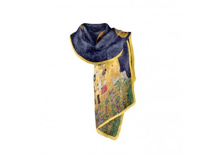Plu - Hedvábná šála G. Klimt, The Kiss modrý podklad - 160 x 40 cm