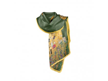 Plu - Hedvábná šála G. Klimt, The Kiss zelený podklad - 160 x 40 cm