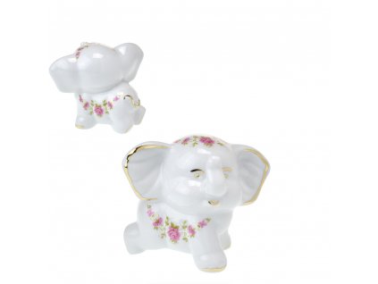 Slon Bimbo dekor girlanda z růžiček - bílý porcelán - 8 x 7 x 5,5 cm