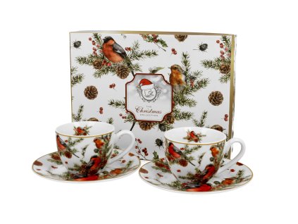 DG - Vánoční porcelanové šálky s podšálkem na espresso CHRISTMAS BIRDS v dárkovém balení 2 ks - 110 ml