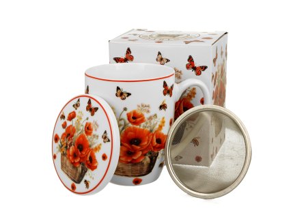 DG - Porcelánový hrnek se sítkem a víčkem Košík s vlčím mákem v dárkové krabičce - 380 ml