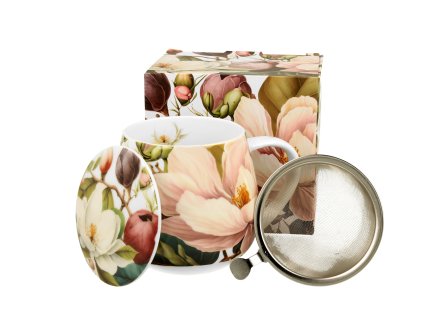DG - Porcelánový hrnek Barylka se sítkem a víčkem MAGNÓLIE - 430 ml