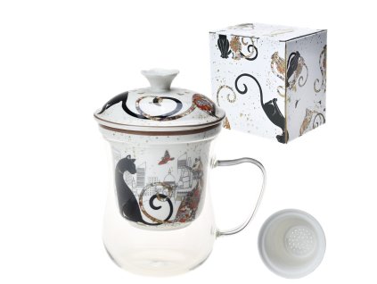 Hrnek 400 ml skleněný s porcelánovým sítkem a víčkem "Cats in Paris"