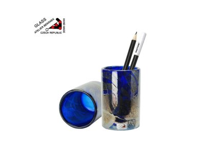 Váza/dóza na tužky 12 cm z hutního skla kobaltová, ruční výroba z atelieru Beránek