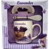 Porcelánový hrnek  s podšálkem a lžičkou, Levandule 2 trsy v koši v dárkové krabičce - 240 ml