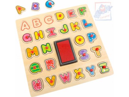 WOODY DŘEVO Razítka puzzle vkládací s úchyty 2v1 abeceda set 26ks s poduškou
