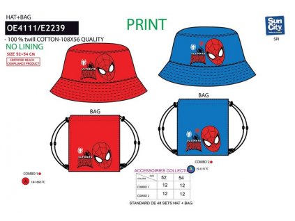 Chlapčenský klobúk + taška Spiderman (Farba Červená, Veľkosť 52)