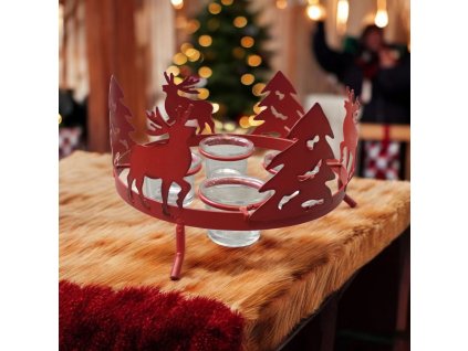 Svietnik kovový,červený  so sobom a stromcekom