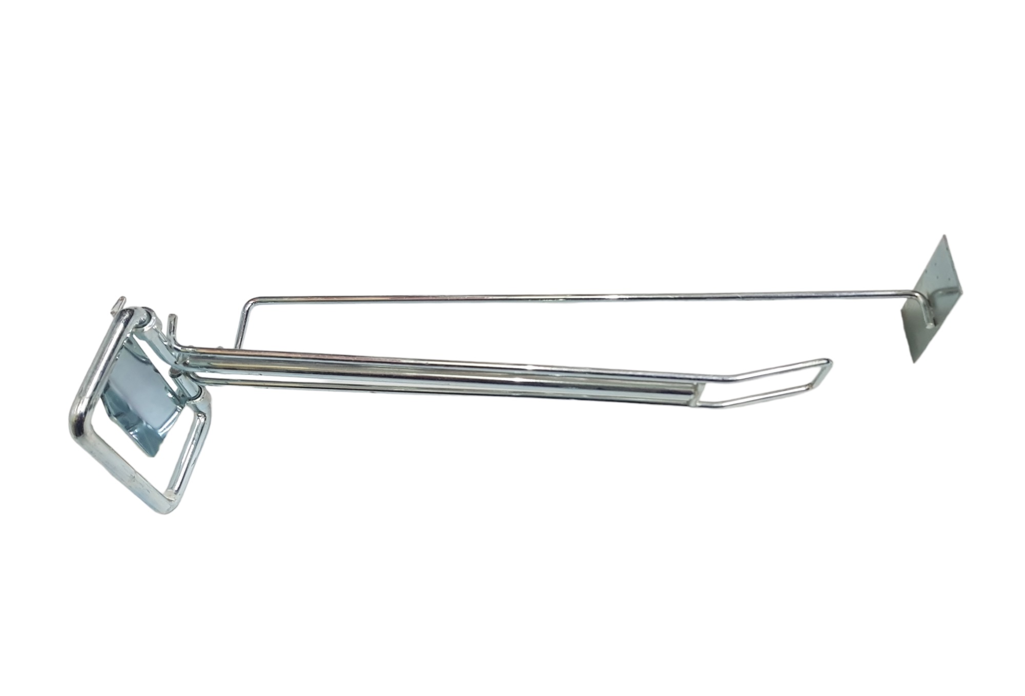 Hák dvojitý na dierkový system s  pevným klipom a cenovkou Veľkosť: 29cm, Farba: Strieborná