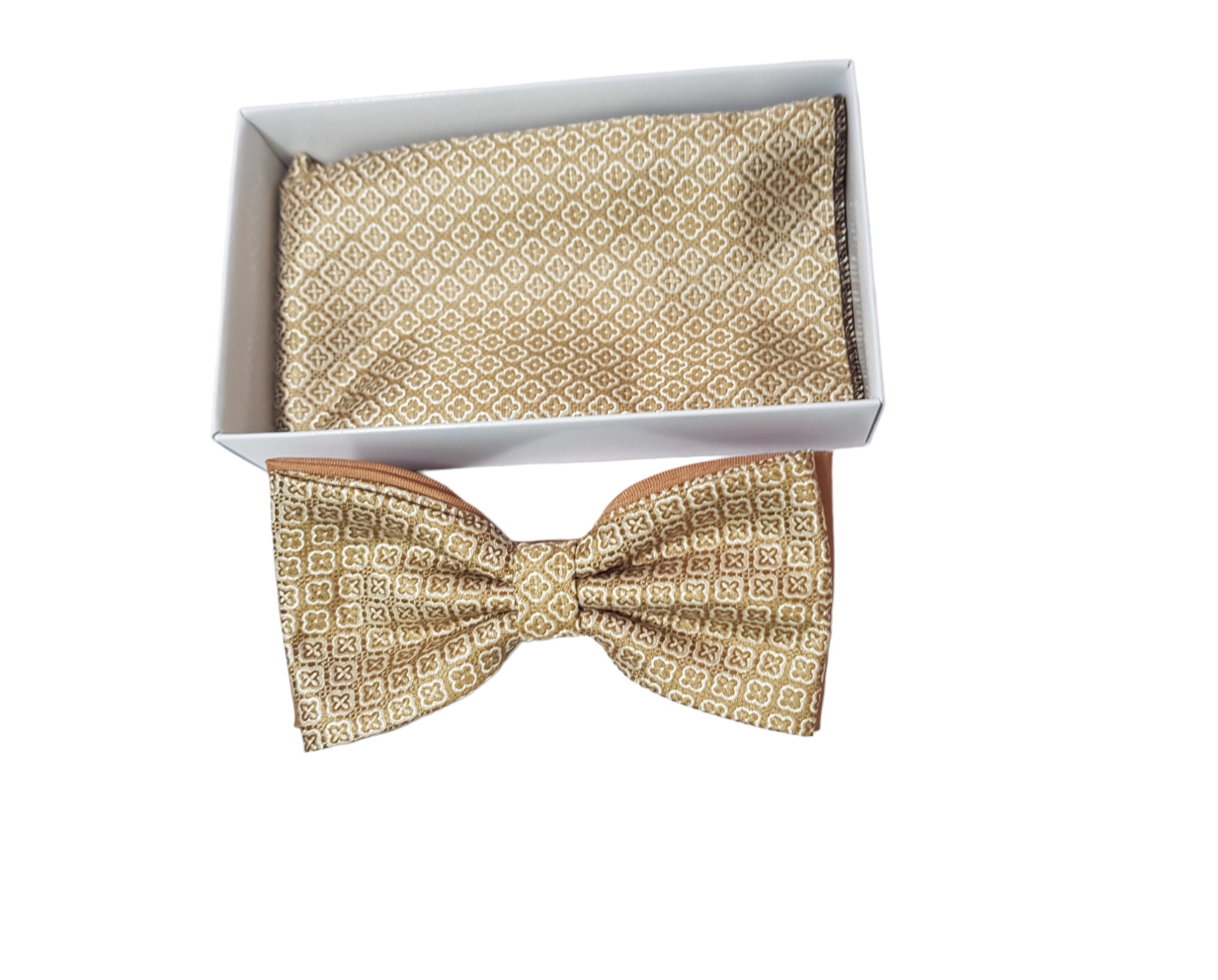 Pánsky motýlik Bond duo  s vreckovkou  v krabičkovom balení. Veľkosť: 12cm, Farba: Zlatá