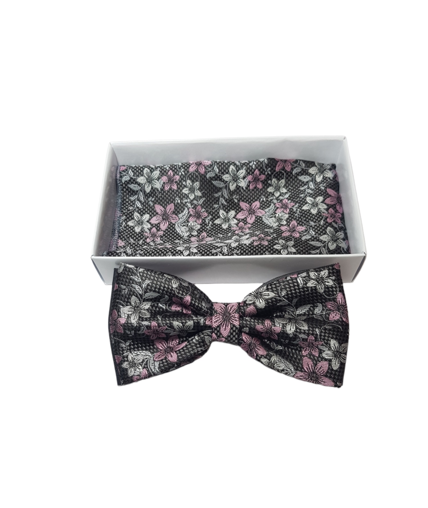Pánsky motýlik Flower pink.white duo  s vreckovkou  v krabičkovom balení. Veľkosť: 12cm, Farba: Multifarebné