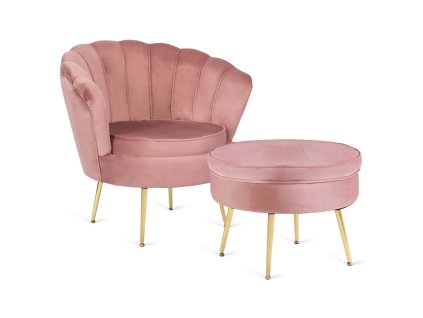 Sessel mit Hocker, rosa Velours Grand