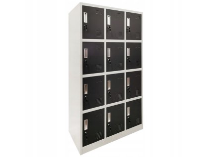 Ukázka černé uzamykatelné skříně se 12 boxy