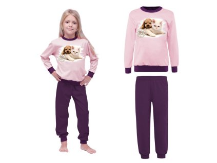 Kinderpyjama mit Hund und Katze lila