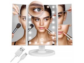 HÁROMRÉSZES FORDÍTHATÓ LED MAKE-UP TÜKÖR KINAGYÍTÁSSAL - FEHÉR