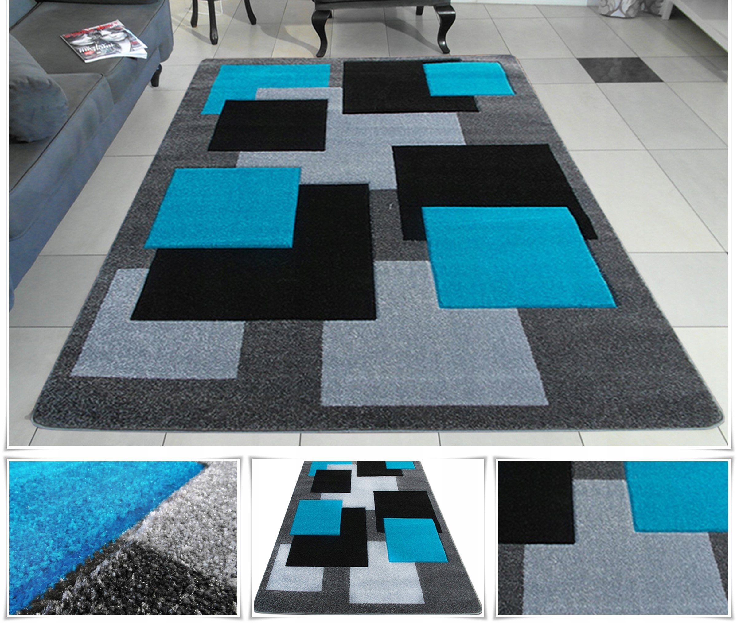 shopJK SZŐNYEG FUSHE RÖVID BOLYHOS FEKETE - KÉK 02041D Rozmery: 120 x170