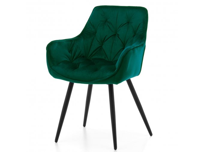 Zelená stolička s čiernymi nohami a prešívaním