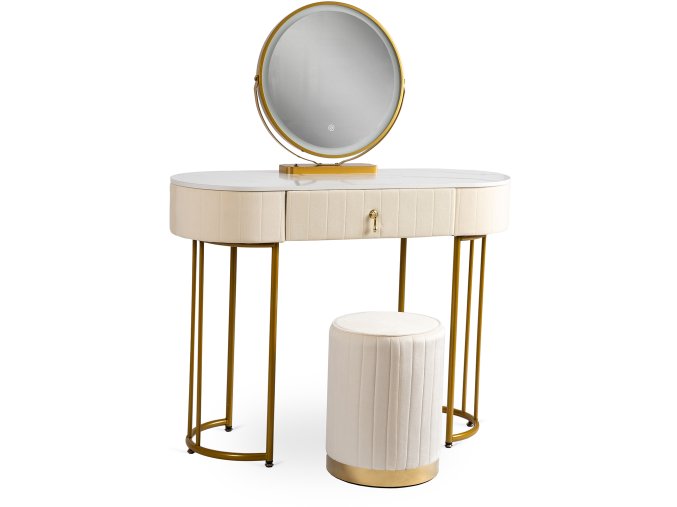 béžový toaletný stolík s taburetkou a zrkadlom