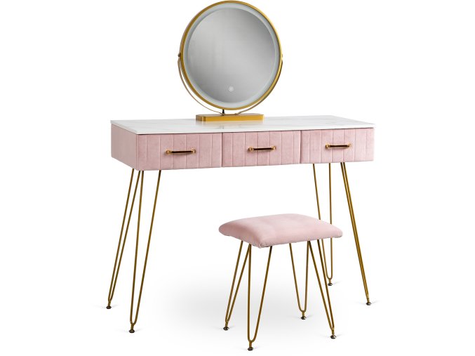 ružový toaletný stolík so zrkadlom a taburetkou